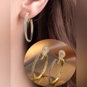 Gold & Rhinestone Luxury Clip On Hoop Earrings